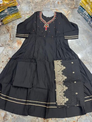 Beautiful neck embroidery black a line suit with pant & dupatta