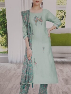 Sea green pure cotton kurta pant with dupatta (set of 3)