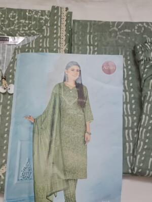 Pure cotton mehndi green printed kurta pant with dupatta set for women