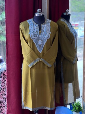 Mustard kashmiri cotton kurta with white neck embroidery for women