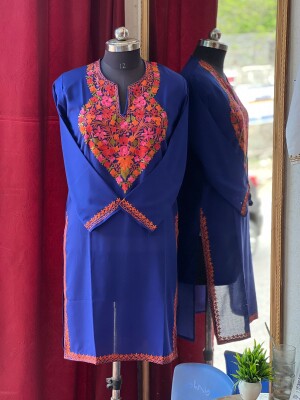 Kashmiri embroidery cotton blue kurta for women