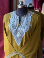 Mustard kashmiri cotton kurta with white neck embroidery for women