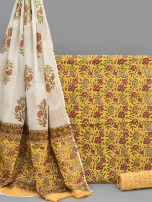 Hand-printed cotton dress material & mulmul dupatta in stunning yellow & white