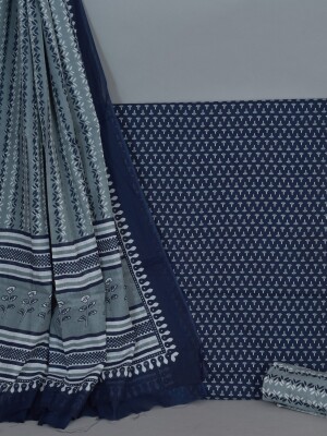 Navy blue hand printed pure cotton suit | dress material paired perfectly with mulmul dupatta