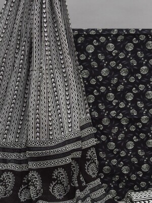 Black hand printed pure cotton suit dress material perfectly paired with mulmul dupatta for classic style