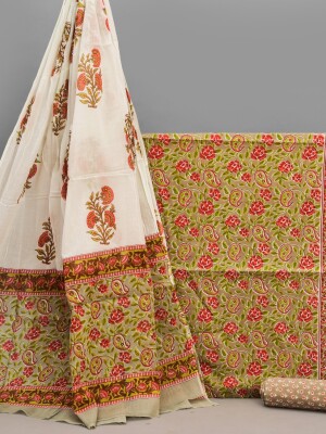 Jaipuri hand block printed pure cotton dress material | unstitched suit with mulmul dupatta