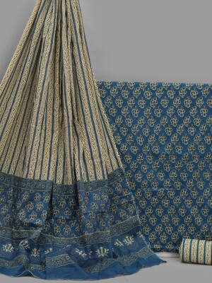 Pure cotton hand printed unstitched suit | dress material with mulmul dupatta