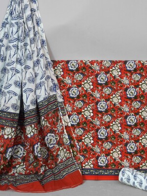 Orange hand printed pure cotton dress material | unstitched suit with mulmul dupatta