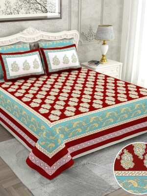Red 100% cotton floral printed double bedsheet with 2 pillow cover