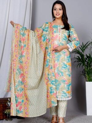 Women pure cotton kurta set with pant & dupatta