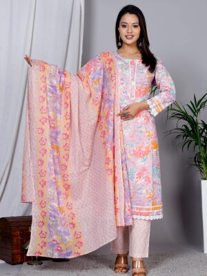 Pure cotton printed kurta set for women with pant & dupatta
