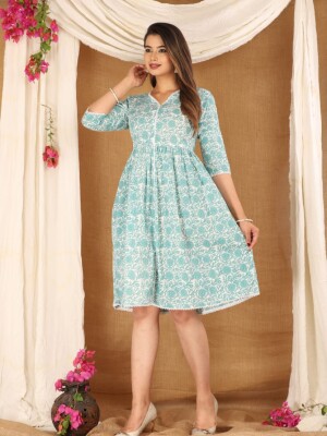 Women floral printed pure cotton ruffle dress