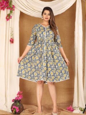 Blue floral printed pure cotton ruffle dress