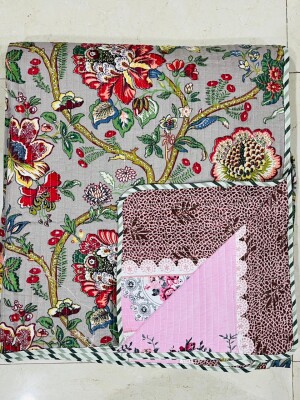 Grey floral printed pure cotton bedcover