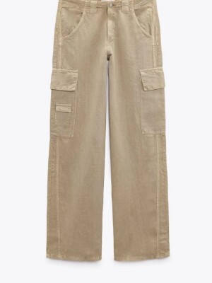 Beige cotton wide leg 7 pocket full length cargo trouser
